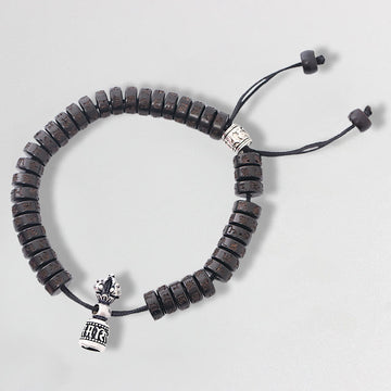 Carved Coconut Shell & Copper Om Mani Padme Hum Ritual Bell Vajra String Bracelet