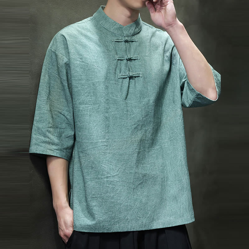 Cotton Linen Half-Sleeve Stand Collar Meditation Shirt