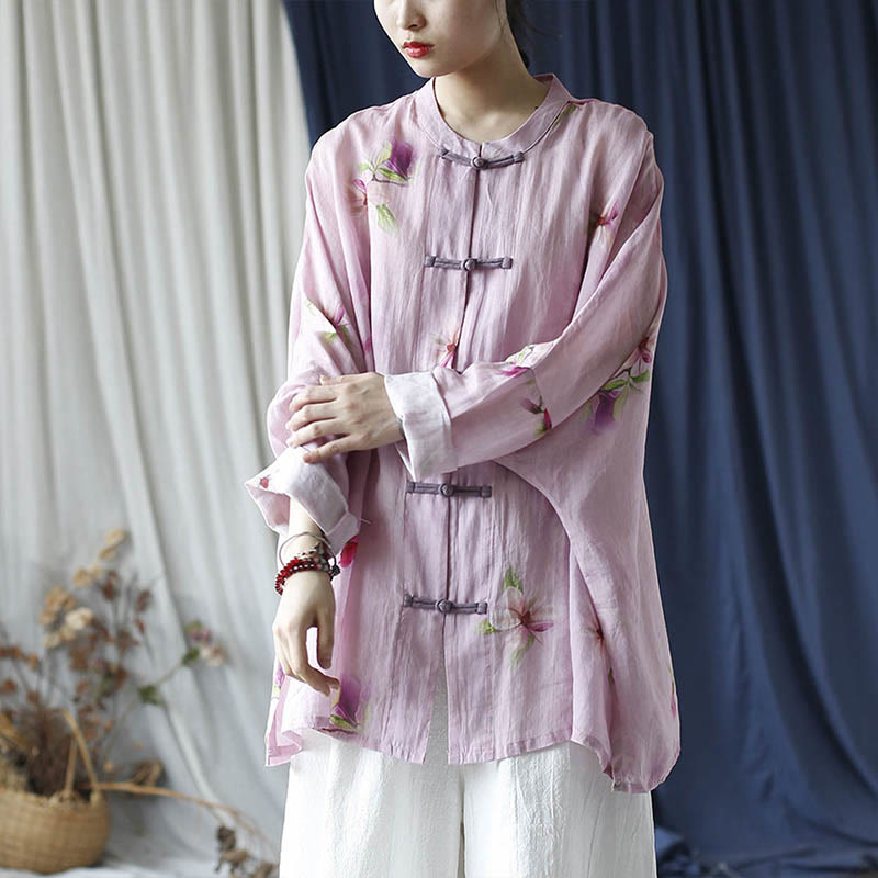 Pink Flower Print Frog-button Design Batwing Long Sleeve Ramie Linen Jacket Shirt