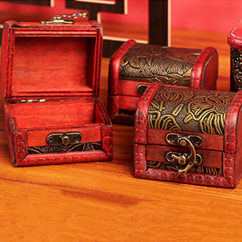 Retro Small Wood Jewelry Box Lotus Golden Grape Copper Coin Daffodil Grass Flower Jewelry Storage Box