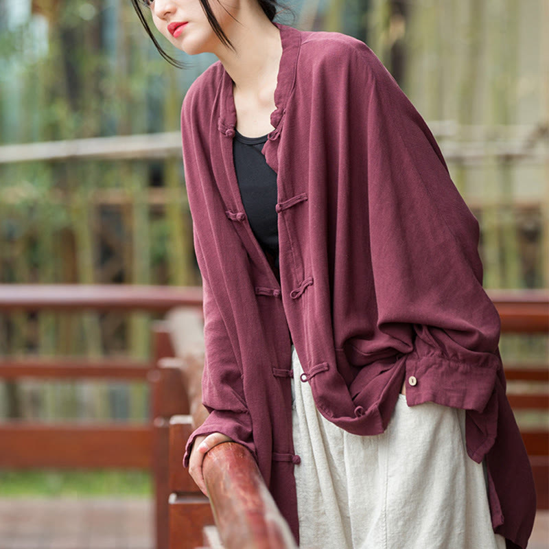 Frog-Button Long Sleeve Zen Meditation Open Front Jacket With Pockets