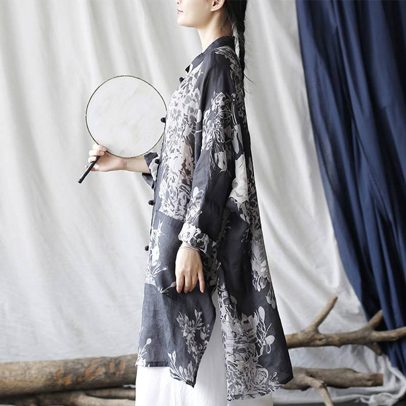 Ramie Linen Floral Stand-Collar Mindful Layering Jacket Shirt