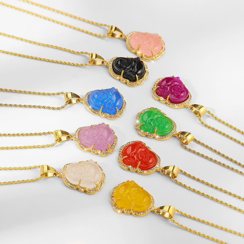 18K Gold Filled Laughing Buddha Jade Luck Necklace Chain Pendant