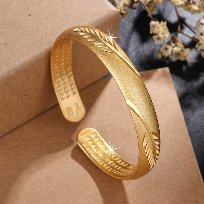 Feather Heart Sutra Engraved Pattern Wealth Copper Cuff Bracelet Bangle