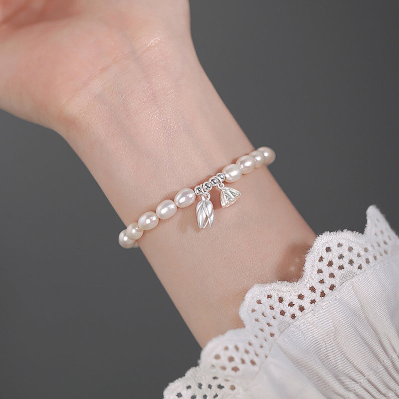 999 Sterling Silver Lotus Flower Pod & Natural Pearl Bracelet