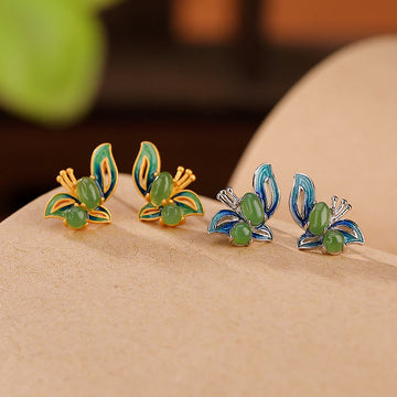 925 Sterling Silver Plated Gold Natural Cyan Jade Butterfly Luck Healing Earrings