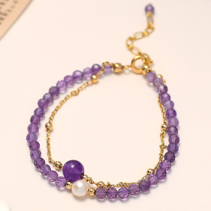 14K Gold Plated Amethyst Crystal Healing Double Layer Chain Bracelet