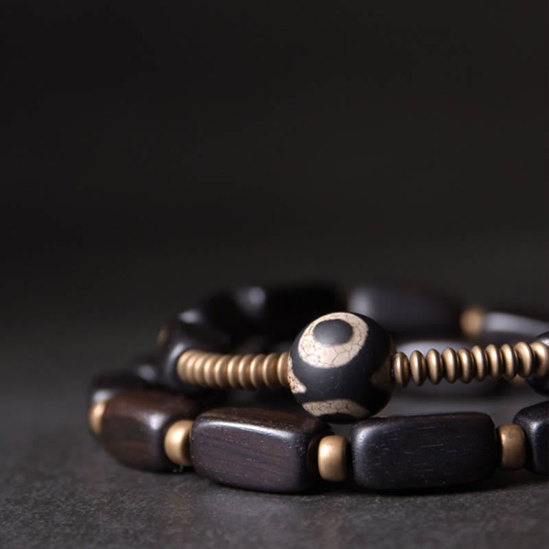 Tibet Ebony Wood Dzi Bead Copper Balance Double Wrap Bracelet