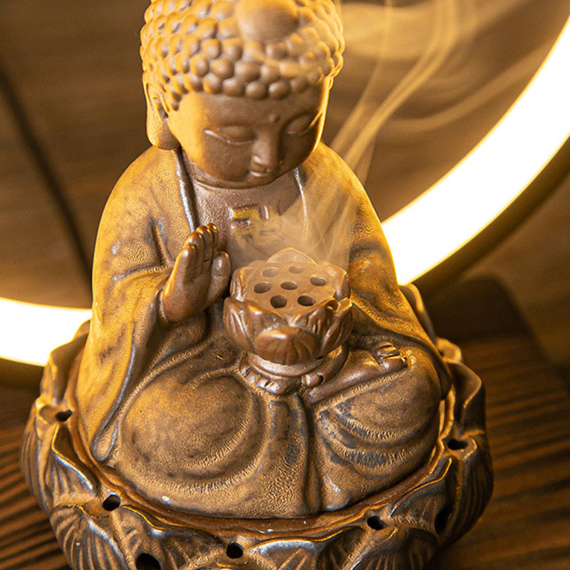 Handcrafted Ceramic Buddha Lotus Backflow Smoke Fountain Incense Burner with Light for Meditation & Yoga