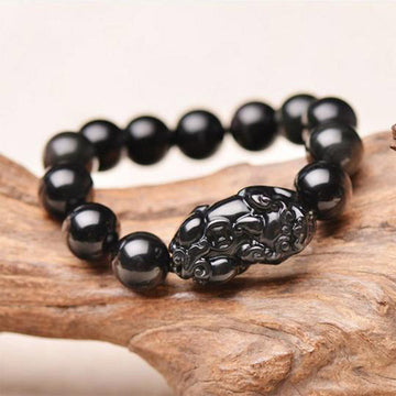 Black Obsidian Beaded Bracelet with Pixiu Symbol