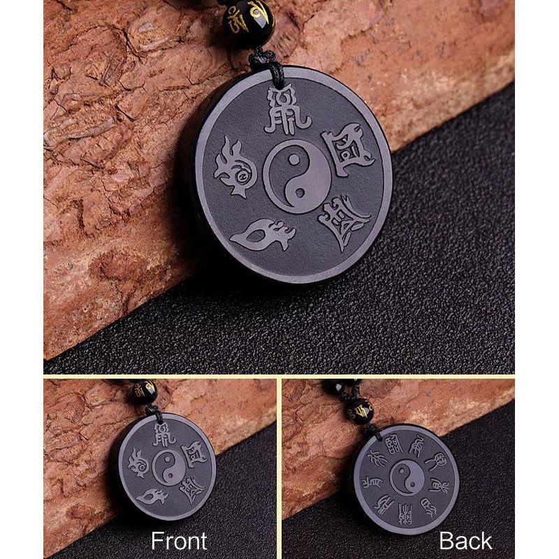Natural Black Obsidian Taoism Five Sacred Mountains Nine-Character Mantra Carved Strength Yin Yang Necklace Pendant Key Chain