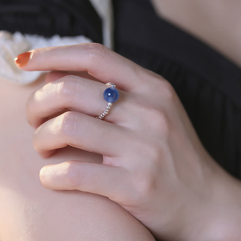 925 Sterling Silver Blue Candy Agate Healing Bead Ring