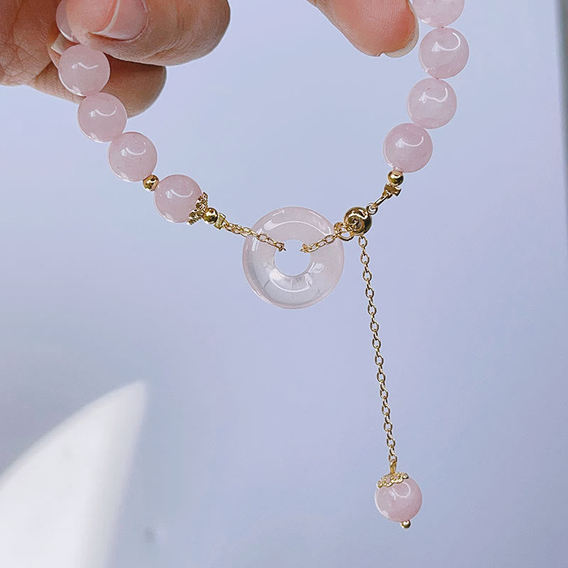 Natural Rose Quartz Beaded Bracelet with Ping An Kou Peace Buckle Charm