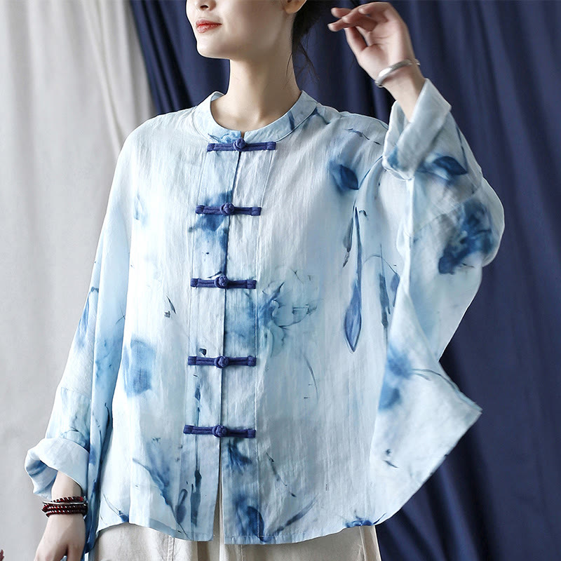 Tie Dye Blue Flowers Frog-Button Design Long Sleeve Ramie Linen Jacket Shirt