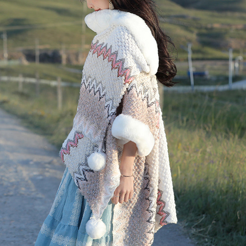 Tibetan Multicolored Wavy Lines Knitted Striped Shawl Coat Winter Cozy Travel Scarf Wrap