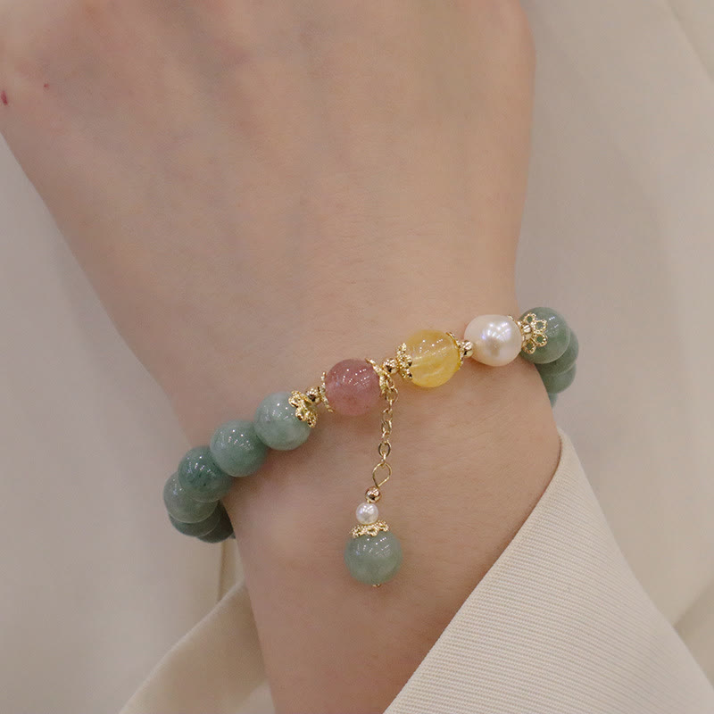 Jade Pearl Strawberry Quartz Abundance Luck Bead Charm Bracelet