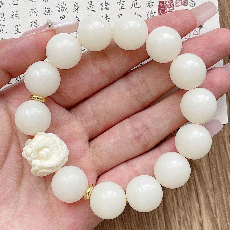 Silver Sheen Obsidian Bodhi Seed Ivory Fruit Dancing Lion Protection Bracelet