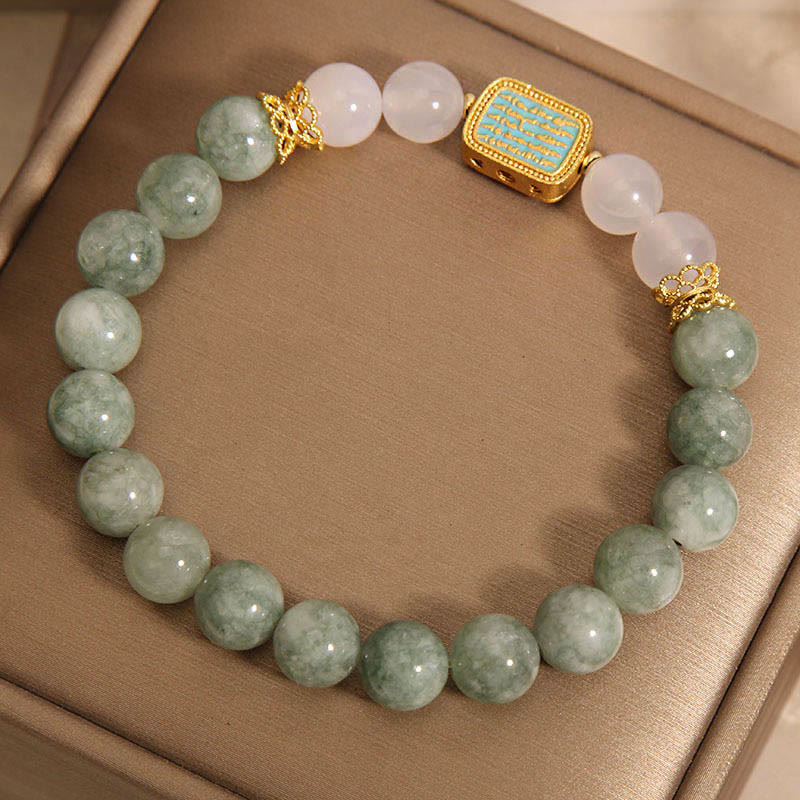 Natural Green Jade White Agate Five Scriptures Abundance Bracelet