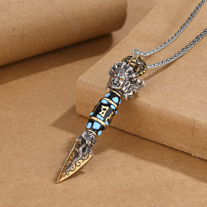 Tibet Om Mani Padme Hum Dzi Bead Dorje Vajra Pattern Wealth Rotatable Necklace Pendant