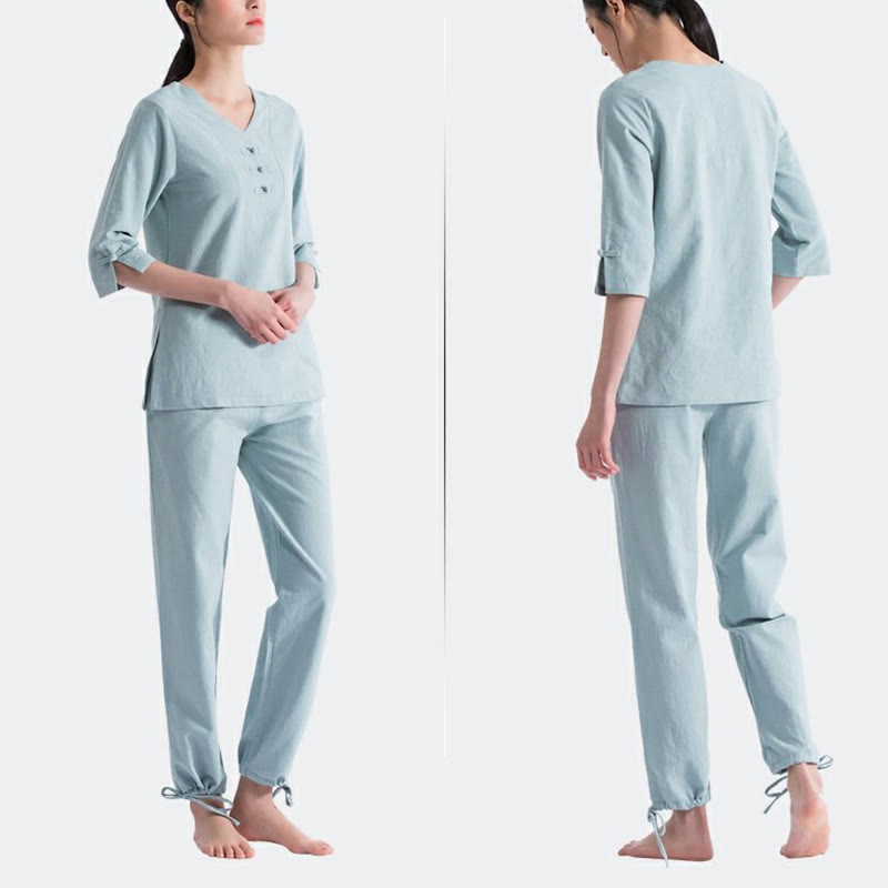Yoga Meditation Prayer V-neck Design Cotton Linen Clothing Uniform Zen Practice Women's Set