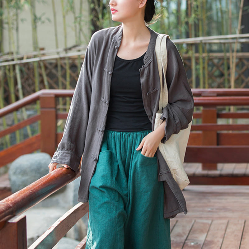 Frog-Button Long Sleeve Zen Meditation Open Front Jacket With Pockets