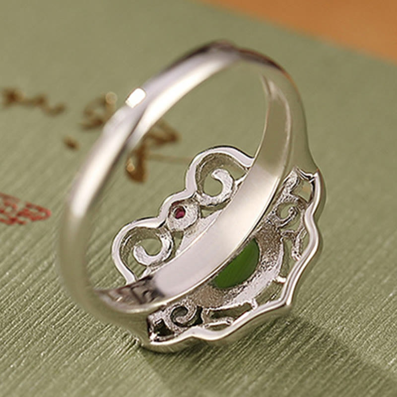 925 Sterling Silver Natural Hetian Cyan Jade Hollow Design Luck Ring Earrings Set