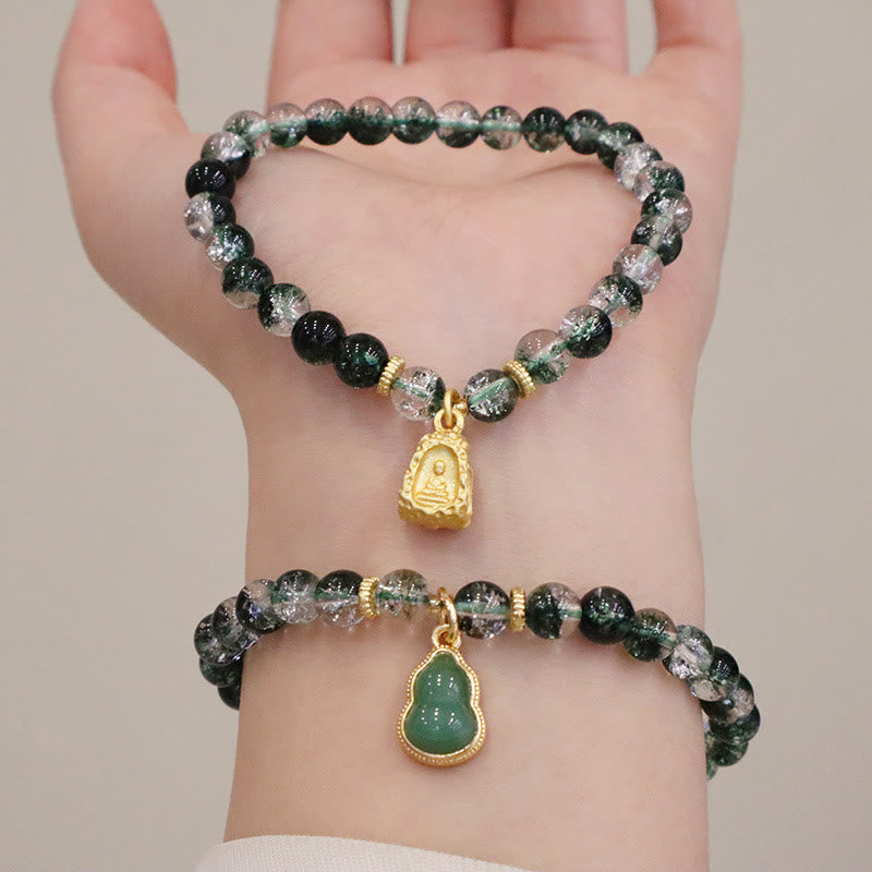 Natural Green Phantom Quartz Beaded Charm Bracelet with Buddha or Wu Lou Gourd