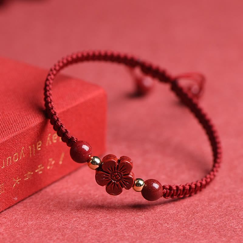 Hand-Woven Red String Cinnabar Clover and Flower Charm Bracelet