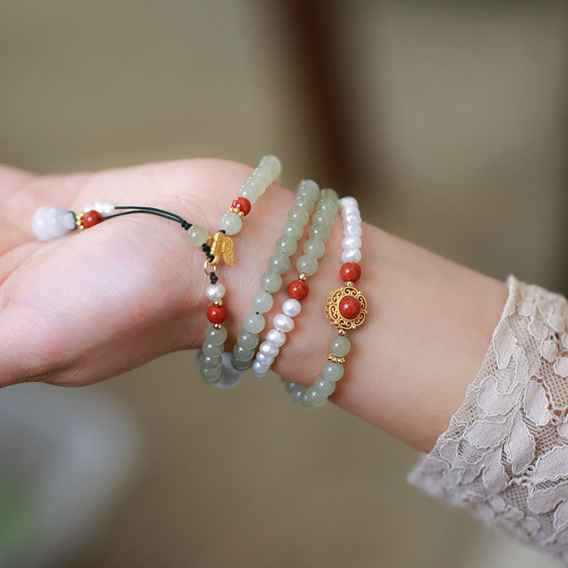 Gold Plated 925 Sterling Silver Hetian Jade Pearl & Red Agate Butterfly Bracelet