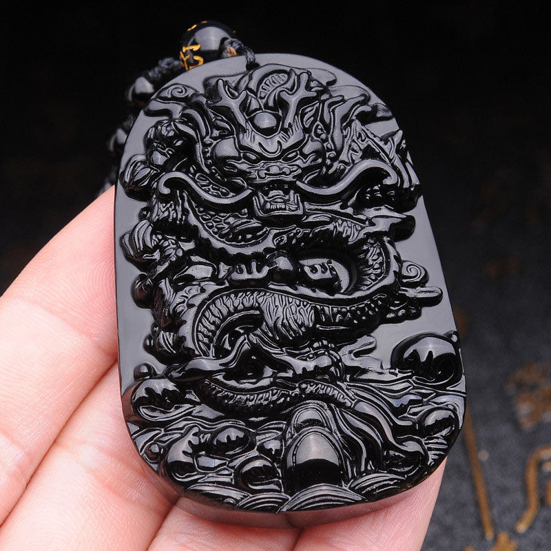 Black Obsidian Stone Dragon Fulfilment Pendant Necklace