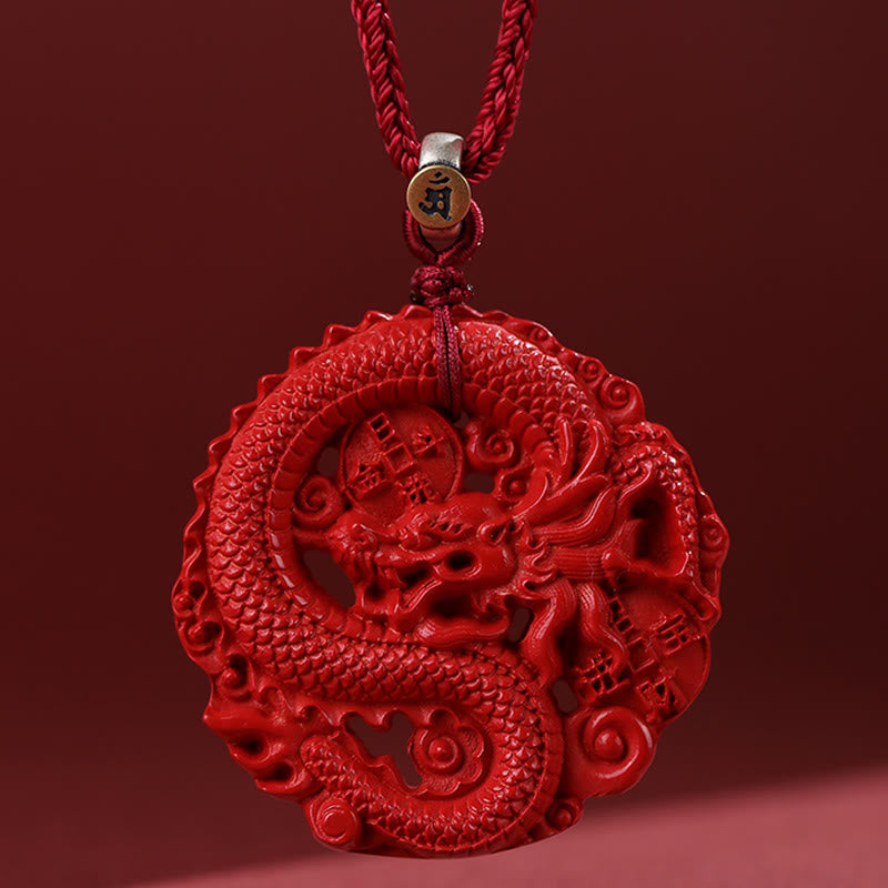 Year of the Dragon 925 Sterling Silver Natural Cinnabar Copper Coin Luck Necklace Pendant