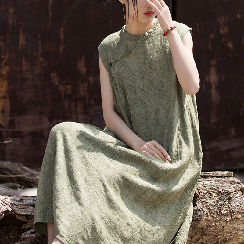 Handmade Tie Dye Midi Dress Linen Sleeveless Dress
