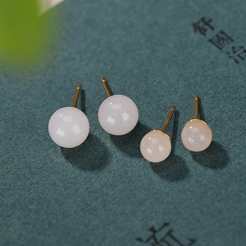 Handmade 925 Sterling Silver Round White Jade and Gold Minimalist Stud Earrings