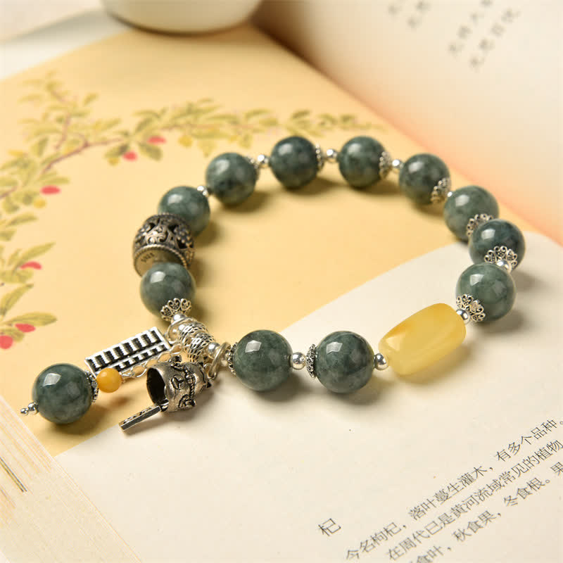 925 Sterling Silver Cyan Jade & Amber Abacus Lucky Cat Charm Bracelet