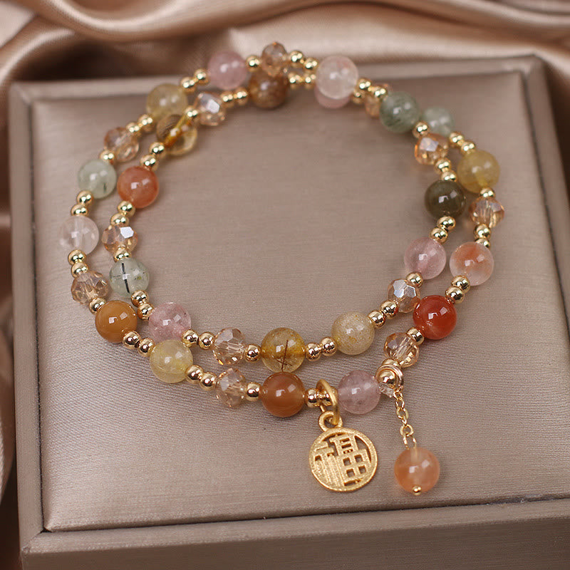 Multicolored Rutilated Quartz Fu Character Auspiciousness Bracelet