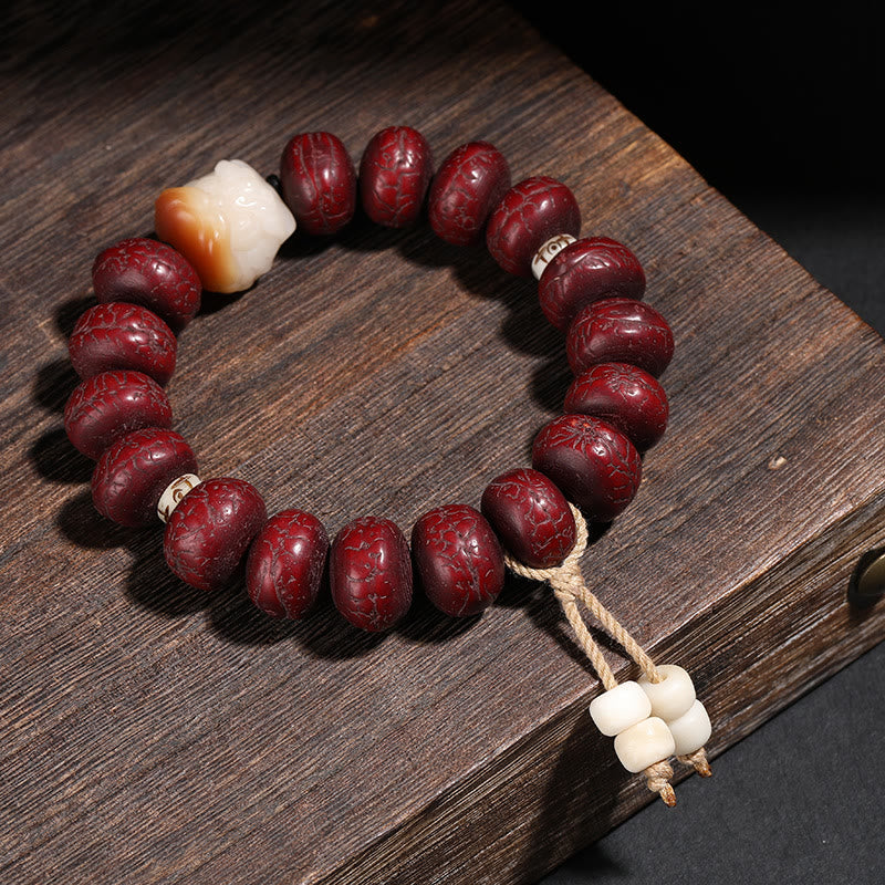 Tibet Bodhi Seed and Agate Dzi Bead Wrist Mala with Guardian Lion