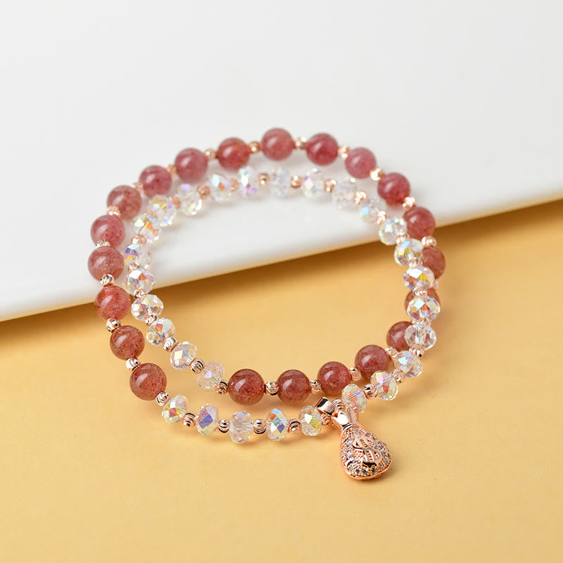 Strawberry Quartz and Clear Quartz Wealth Bag Copper Charm Bracelet for Women