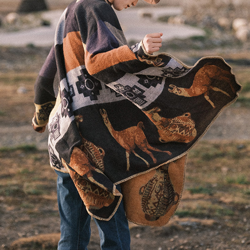 Tibetan Shawl Deer Vase Geometric Shapes Winter Cozy Travel Scarf Wrap