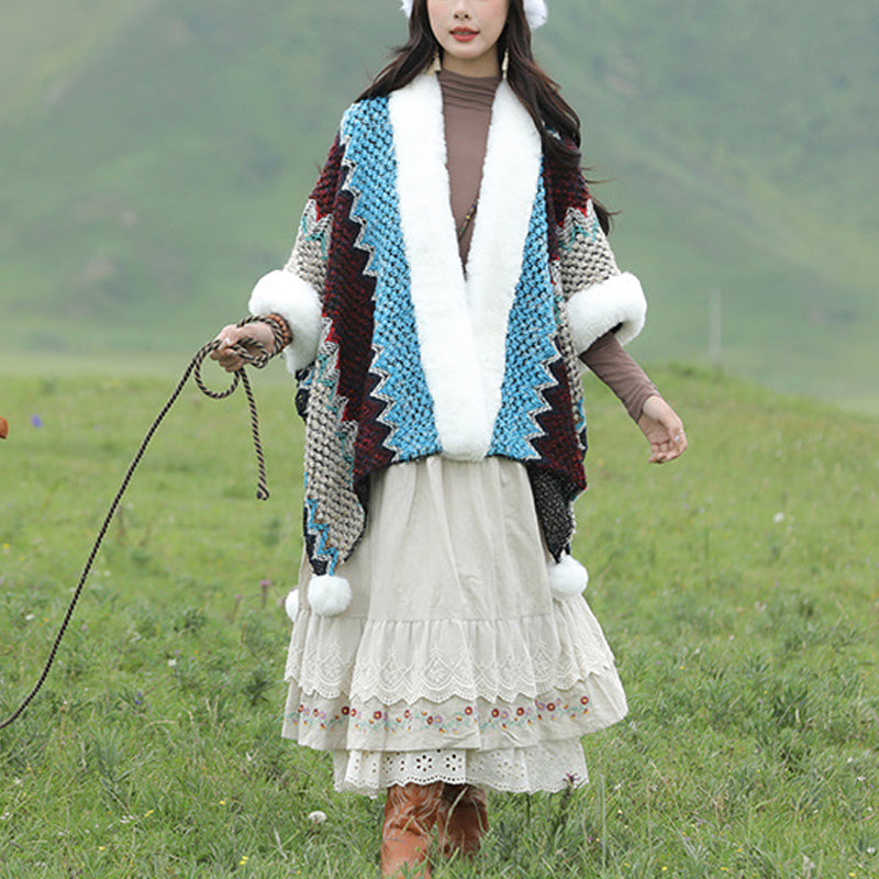 Tibetan Multicolored Wavy Lines Knitted Striped Shawl Coat Winter Cozy Travel Scarf Wrap