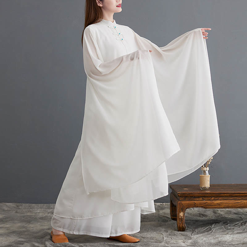 Chiffon Frog-Button Flowing Dress and Wide-Leg Meditation Set