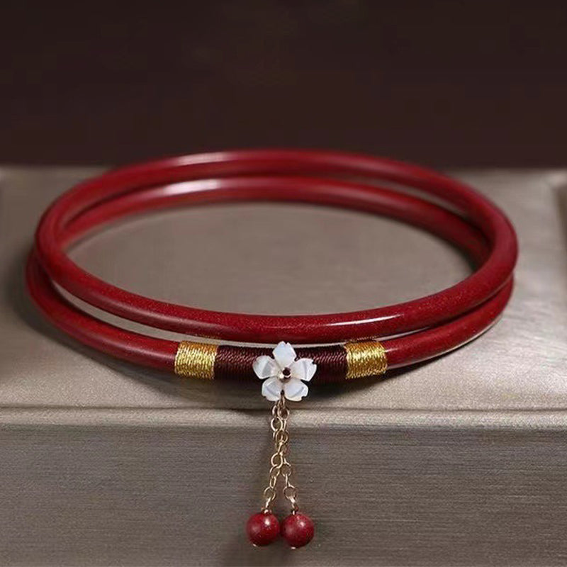 Carved Cinnabar Flower Bangle Bracelet Pair - 2-Piece Grounding Set