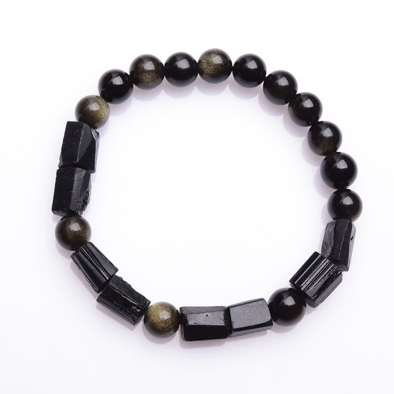 Handmade Gold Sheen Obsidian and Black Tourmaline Beaded Elastic Bracelet