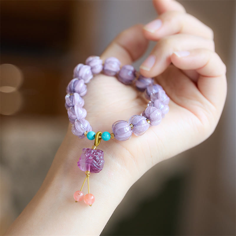 Guardian Lion & Lotus Charm Fluorite Liuli Glass Beaded Bracelet
