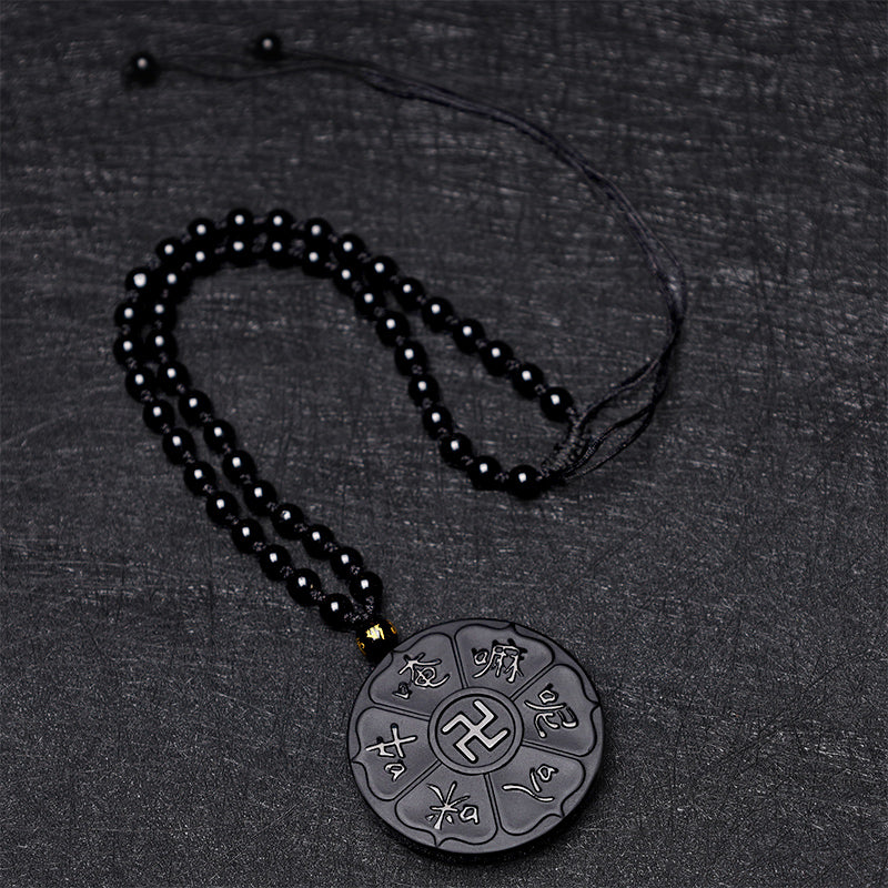 Natural Black Obsidian Tibetan Om Mani Padme Hum Buddha Swastika Luck Necklace Pendant