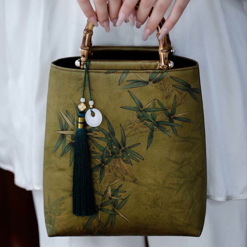 Yellow Green Bamboo Leaves Bamboo Handles Handbag