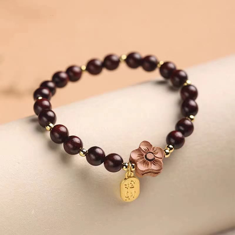 Natural Sandalwood Peach Blossom Ruyi Charm Handmade Wood Bracelet
