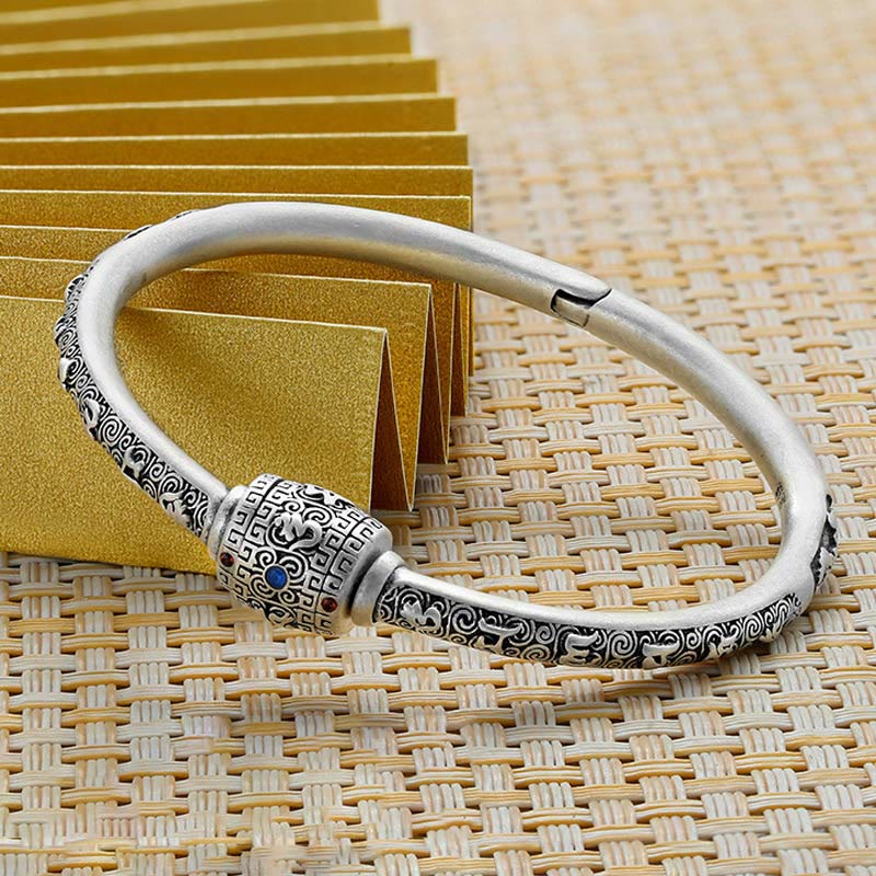 990 Fine Silver Tibetan Om Mani Padme Hum Engraved Auspicious Clouds Bangle