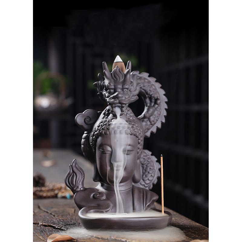 Dragon Buddha Auspicious Clouds Purple Clay Healing Incense Burner Decoration