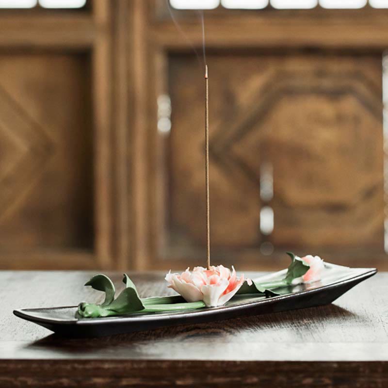Zeniora Ceramic Incense Burner with Peony & Lotus Motifs for Mindful Ambiance