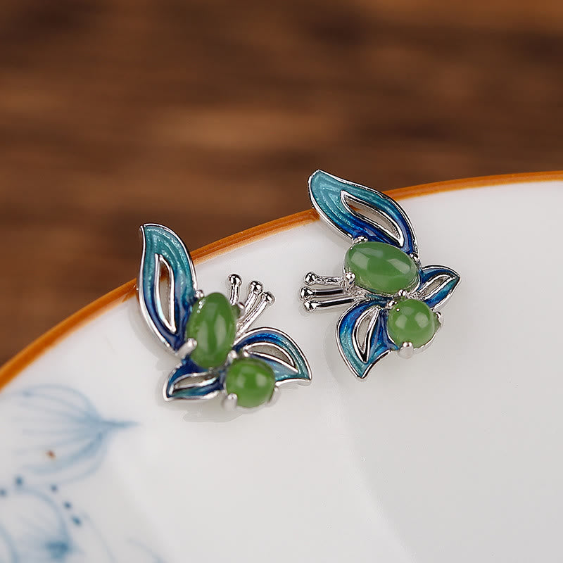 925 Sterling Silver Plated Gold Natural Cyan Jade Butterfly Luck Healing Earrings